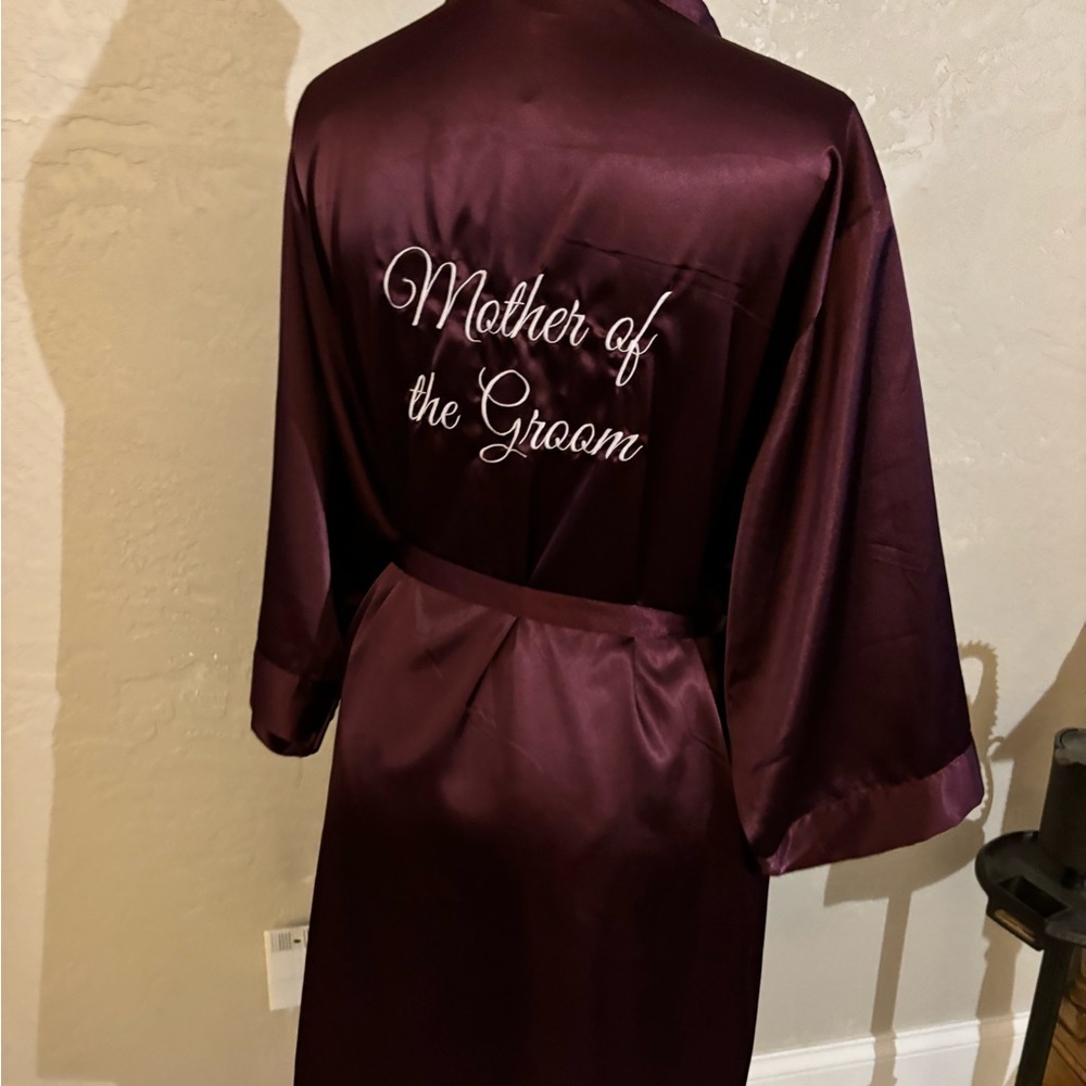 Embroidered "Mother of the Groom" Satin Robe - Deep Plum Sz L-XL